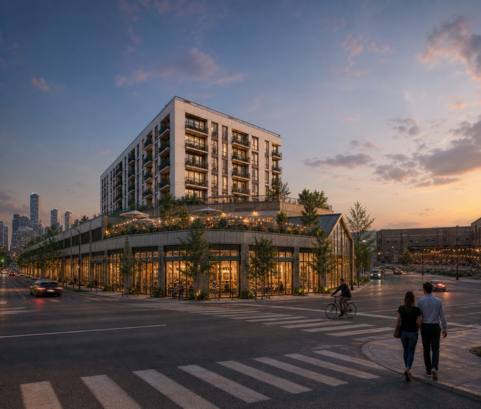 Street-level rendering of the retail corner at N Main and North St at dusk, with pedestrians, canopies, screened parking above, and the residential tower rising behind