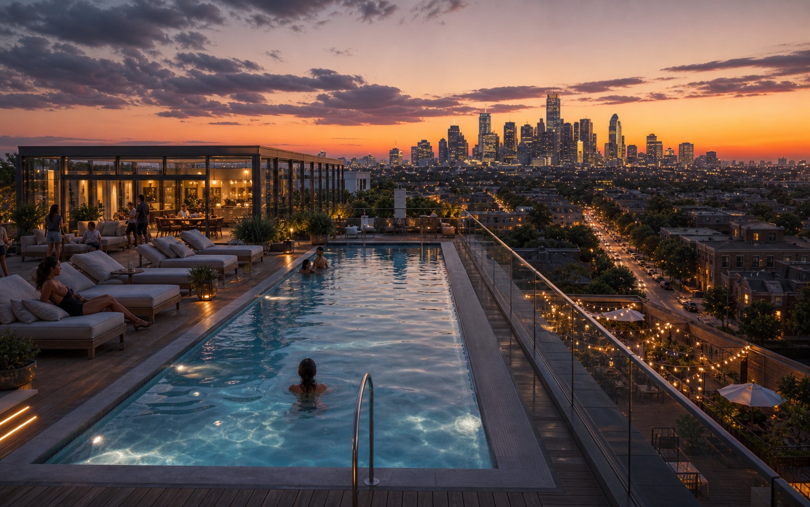 Sunset rendering of the resident rooftop pool and glass clubhouse pavilion with the downtown Houston skyline on the horizon
